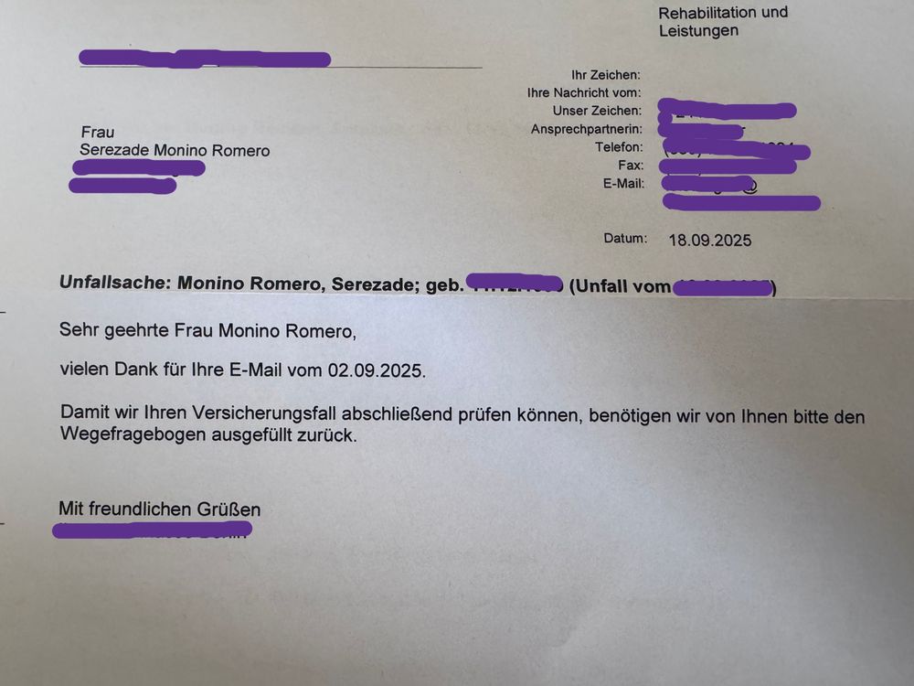 Captura de carta en alemán: gracias por su email del 2 de septiembre. Para poder evaluar su caso necesitamos que nos mande el formulario relleno.