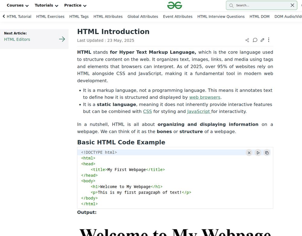 page du site https://www.geeksforgeeks.org/html/html-introduction/
Sans pub.
