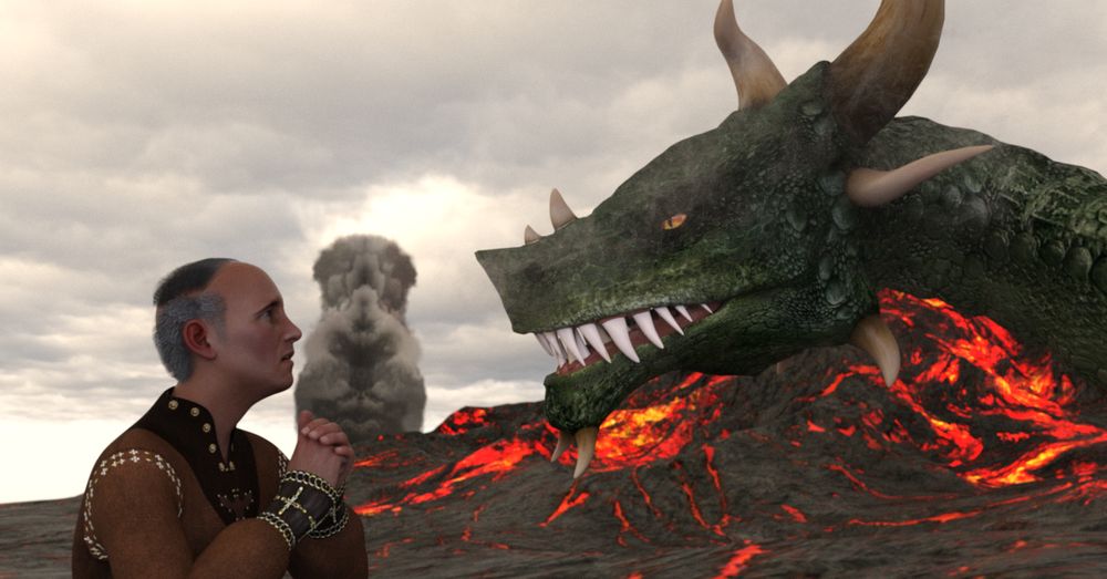 Man and dragon in conversation, volcano in the background