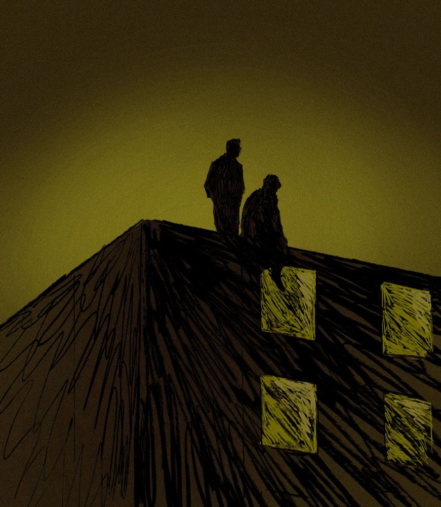 illustration of two figures in silhouette (castiel sitting, dean standing) on the roof of a building. yellow light suffuses the dark grainy sky and reflects off the windows.