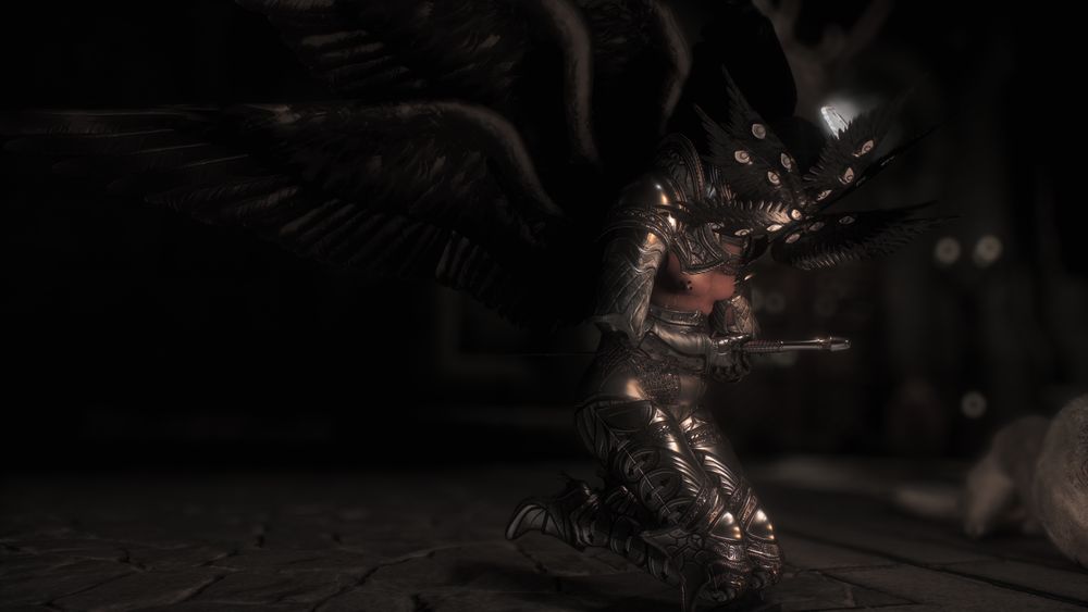 skyrim. castiel wearing topless silver armor and holding a silver sword through his center. 