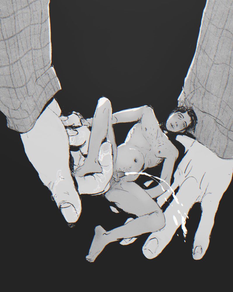 supernatural fanart. a black and white illustration of tiny!castiel, nude. he's supported on the back of dean's left hand, while dean fingers him with his right middle finger, creating a considerable bulge in his belly. castiel wears an expression of shock and arousal, watching an arc of urine/ejaculate arc from his small penis. 