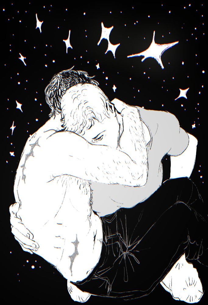 supernatural fanart. an illustration of castiel sitting on dean's lap, his face tucked behind his ear/against his neck, hiding away from the world. his close facing arm is held around dean's neck. he is shirtless, and there is a jagged, star-like scar along his shoulder blade and beneath his ribs. dean stares into middle distance with his face half obscured by castiel's shoulder, his hand resting protectively against his lower back. he is fully clothed. above them is a black sky full of bright, jagged stars, including a pair directly above them which bleed into each other.
