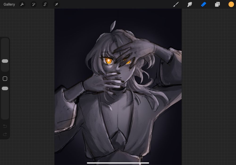 Screenshot of the Procreate drawing App showing a much better artwork.
The artwork shows a character with shoulder length hair staring dead on into the camera. their hands are raised and cover parts of their face almost as if another person was trying to grab them from behind.
The colour scheme is desaturated and grey with the only pop of colour being the character's piercing golden eyes.
