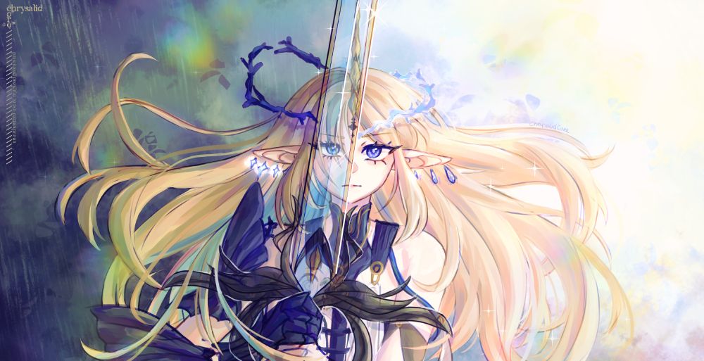 Handdrawn artwork of Cartethyia from Wuthering Waves
Her hair is flowing in the breeze and she is holding a sword which divides the art piece. On the left is Fleurdelys with her hair being blown about by a storm