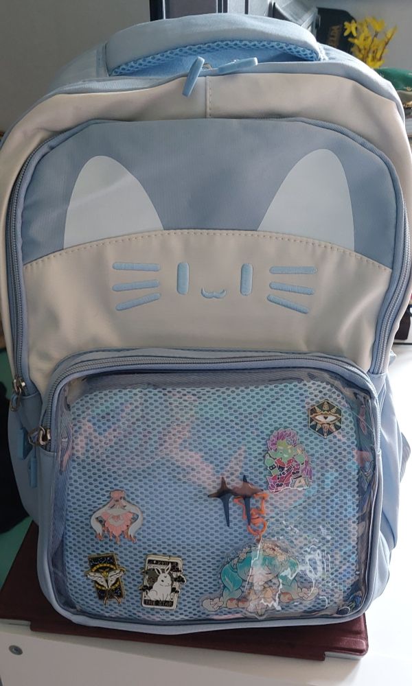 Photograph of a cute kitty-themed blue and white bag. An adorable cat-face is embroidered on the front above a transparent panel in which several enamel pins and a Keychain are displayed.