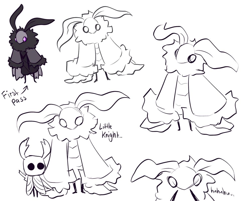 a hollow knight moth oc. she wears a large fluffy cloak over most of her body with her broken wings dragging underneath it