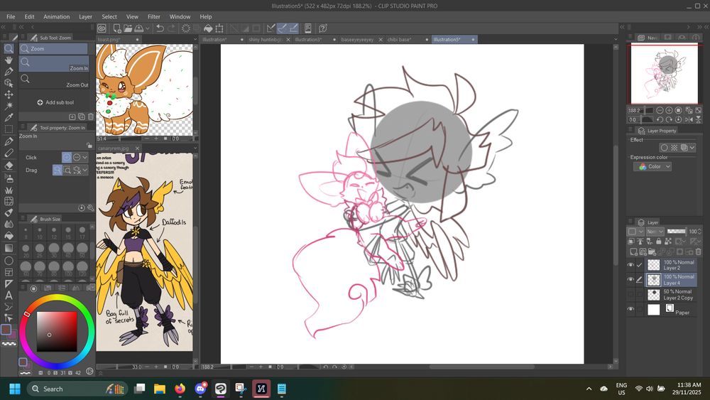 a screenshot of clip studio paint showing a sketch of my sona canary holding their gingerbread flareon toast. they are drawn in a chibi style