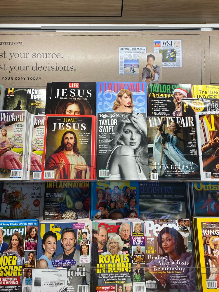 Magazines with Jesus and Taylor Swift on the cover.