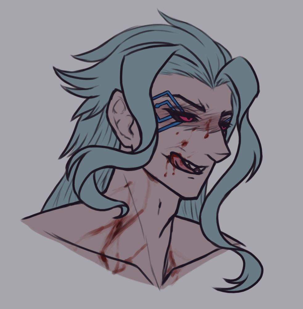 a headshot of an altered version of Dottore from Genshin; he has blue diamond shaped patterns next to his eyes above his cheeks. There's light blood spatters across his face, and running down his neck. A smug expression is plastered on the bastard's face as he licks some of the blood off his lips. 