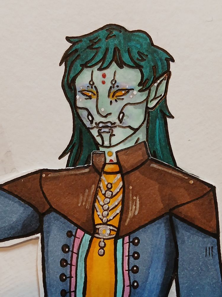 A cropped, close up of the last picture, focusing on the character's face. The yellow of their eyes bleeds out onto their skin. Blue and purple markings make natural eyeshadow, and bright highlights dot their cheeks. 