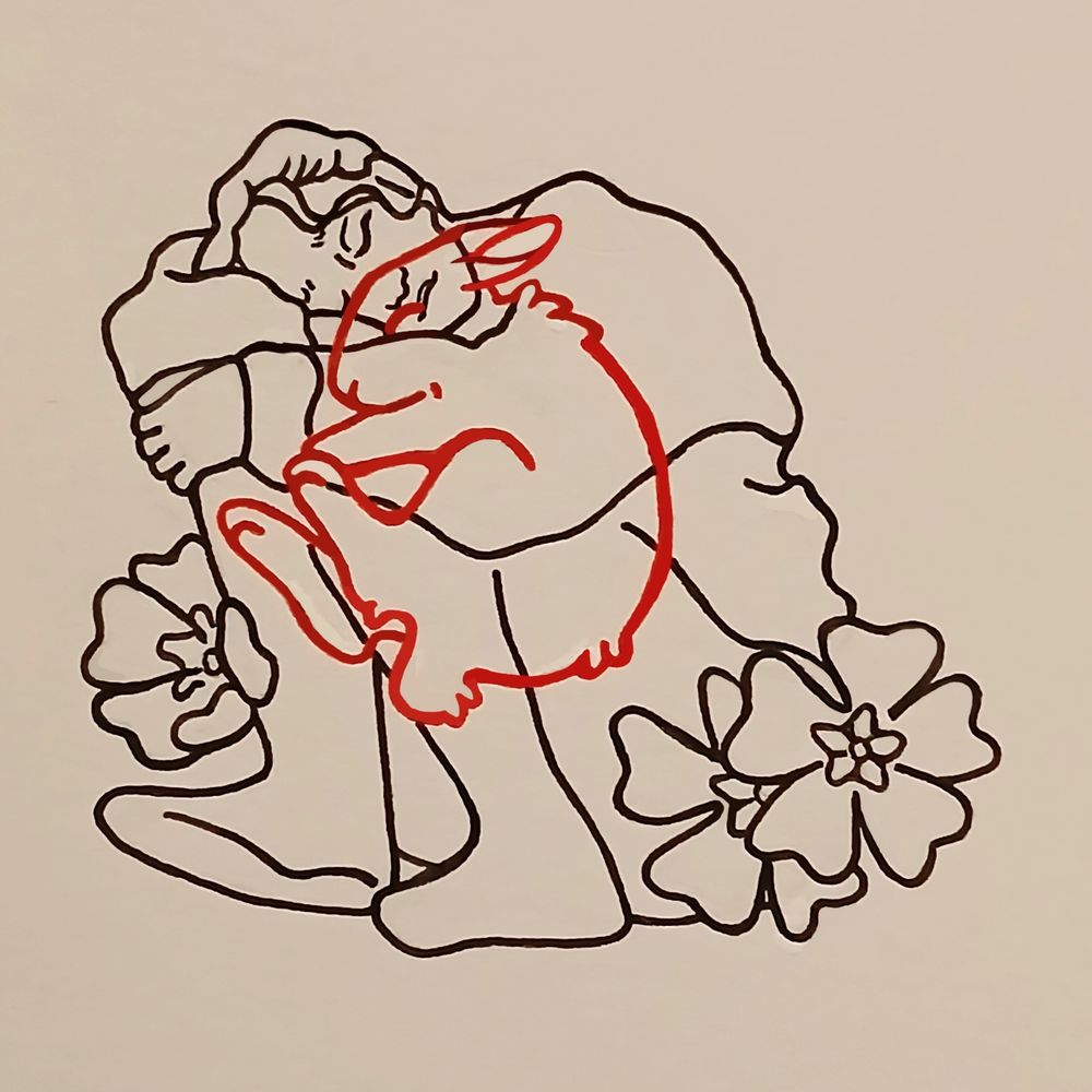 A black lined illustration depicts a young woman curling up with her arms crossed over her knees. Her head rests in the crook of her own arm, face partially obscured. There are flowers, three by her legs. They have five petals each and float around her in the space. Overlaid on top of the woman is a rabbit lined in red ink. The rabbit also curls up, its ears laying flat against its head. The pair both have their eyes closed, the woman having a peaceful but neutral look on her face.