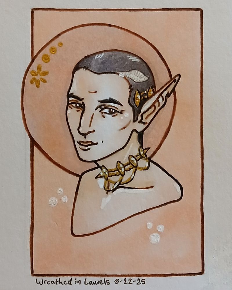 An illustrated portrait depicts a pale skinned elven woman facing the viewer's left. Her head is shaved incredibly short, black in color with a white patch at her temple. She has deep brown eyes, a large nose, and thin lips. Her ears are particularly long and pointed, facing upwards. She is drawn seemingly nude, with only a golden, spiked chain necklace around her neck and a matching headpiece looping around the back of her head. She is framed by a circular shapes within a rectangular box, the background colored in a pale orangey salmon color. 