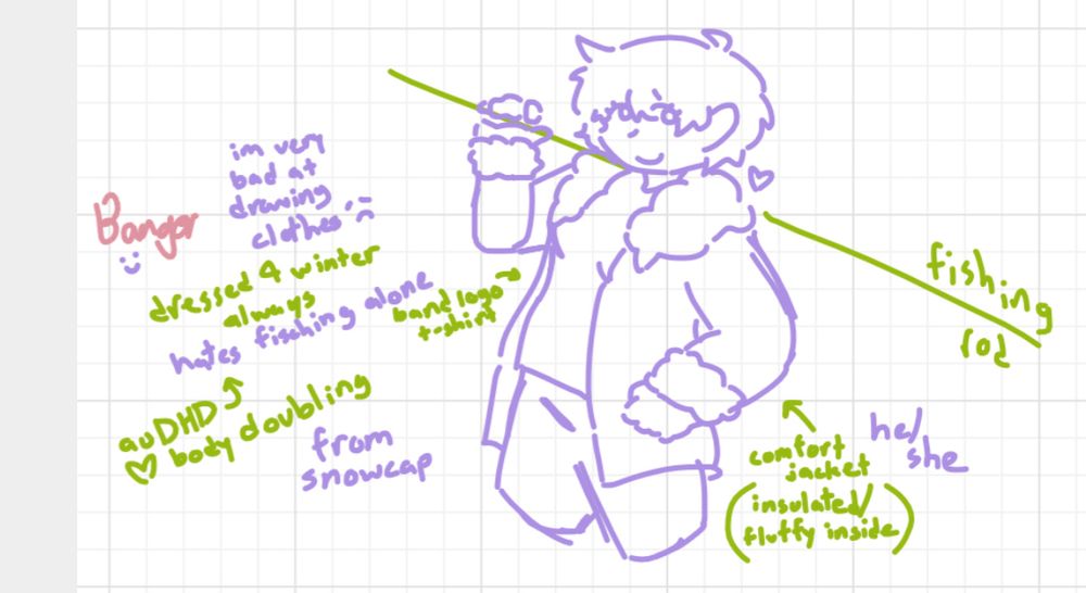 text left to right:
"i'm very bad at drawing clothes"
"banger" -from a friend
"dressed 4 winter always"
"hates fisching alone"
"auDHD, loves body doubling"
"from snowcap"
"brand logo t-shirt"
"comfort jacket (insulated/fluffy inside)"
he/she
supposed to be holding a fisching rod