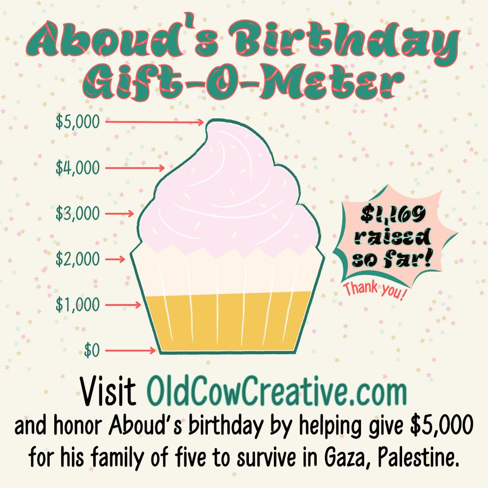 Aboud's Birthday Gift-O-Meter
$1,169 raised so far! Thank you!
Visit OldCowCreative.com and honor Aboud's birthday by helping give $5,000 for his family of five to survive in Gaza, Palestine.

The preceding text is on a square slide with a pale yellow background with a scattering of tiny stars in faded teal, mustard, and pink. The title is written in a pine green brush-stroke font that is outlined in tangerine red.

In the center of the slide is a large cupcake. To the left is a scale of dollar amounts labeled in green with horizontal arrows in tangerine pointing to the cupcake. There are arrows for every thousand dollars with $0 at the bottom and $5,000 at the top of the cupcake. Until approximately a little more than a fifth above the one-thousand dollar mark the cupcake holder is a bright mustard tan color. The rest of the cupcake holder and frosting is in faded colors to indicate that those dollar amounts have not been reached yet.

To the right of the cupcake is a pale peach orange swoopy call-out box outlined in green. The amount raised is written in a black brush stroke font inside the box. Just below the box Thank you is written in a tangerine sans serif font following the concave curve of a swoop.

The info about the fundraiser is centered below the cupcake. Old Cow Creative dot com is written in a pine green sans serif font and the rest of the text is in a black sans serif font. 