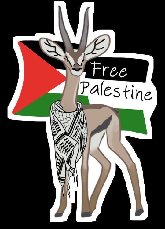 A light brown Palestinian mountain gazelle wearing a black and white keffiyah around its neck. Behind it is a Palestinian flag with the words "free Palestine" written on it.