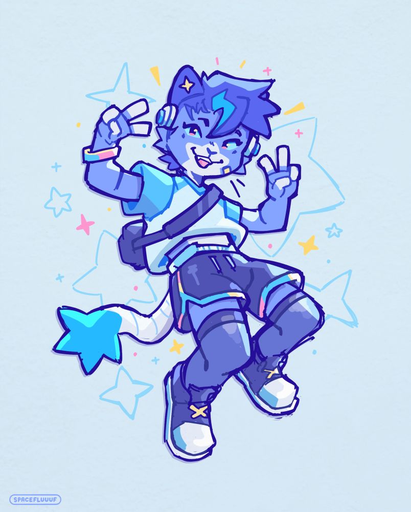 Robo cat sona dressed in a tee shirt, shorts, thigh highs and sneakers. A diaper waistband peaks out from the shorts