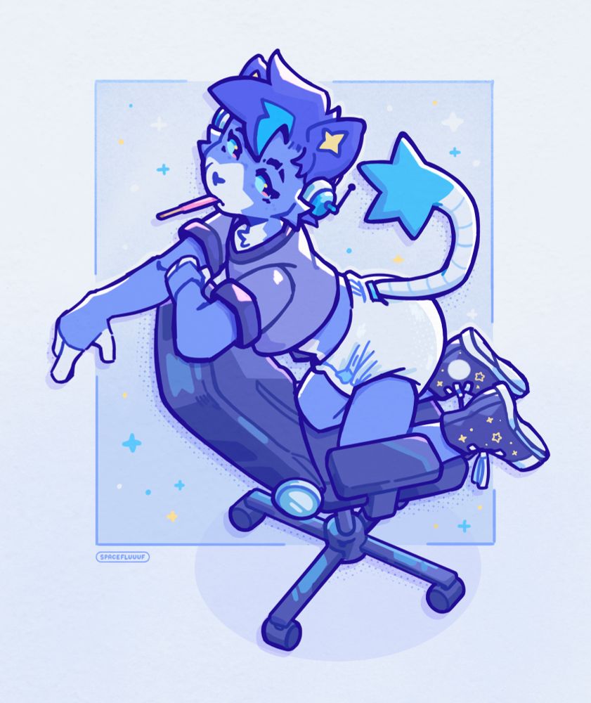 Abdl piece, my cat sona leaning over the back of a desk chair