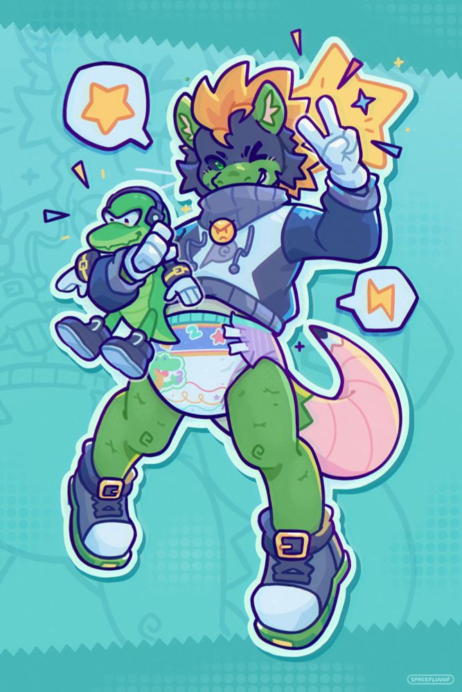 Commission piece for Tevin, holding their plushie winking, wearing an alphagatorz