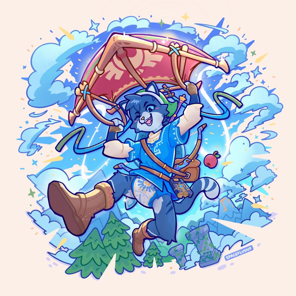 abdl/diaperfur commission of an anthrophomorphized cat dressed like link from breath of the wild on a hangglider over a landscape