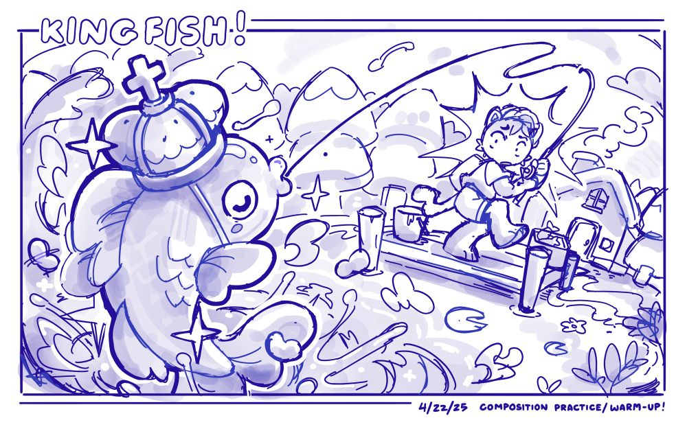 Sketch of fishing in a lake and catching a fish with a crown 