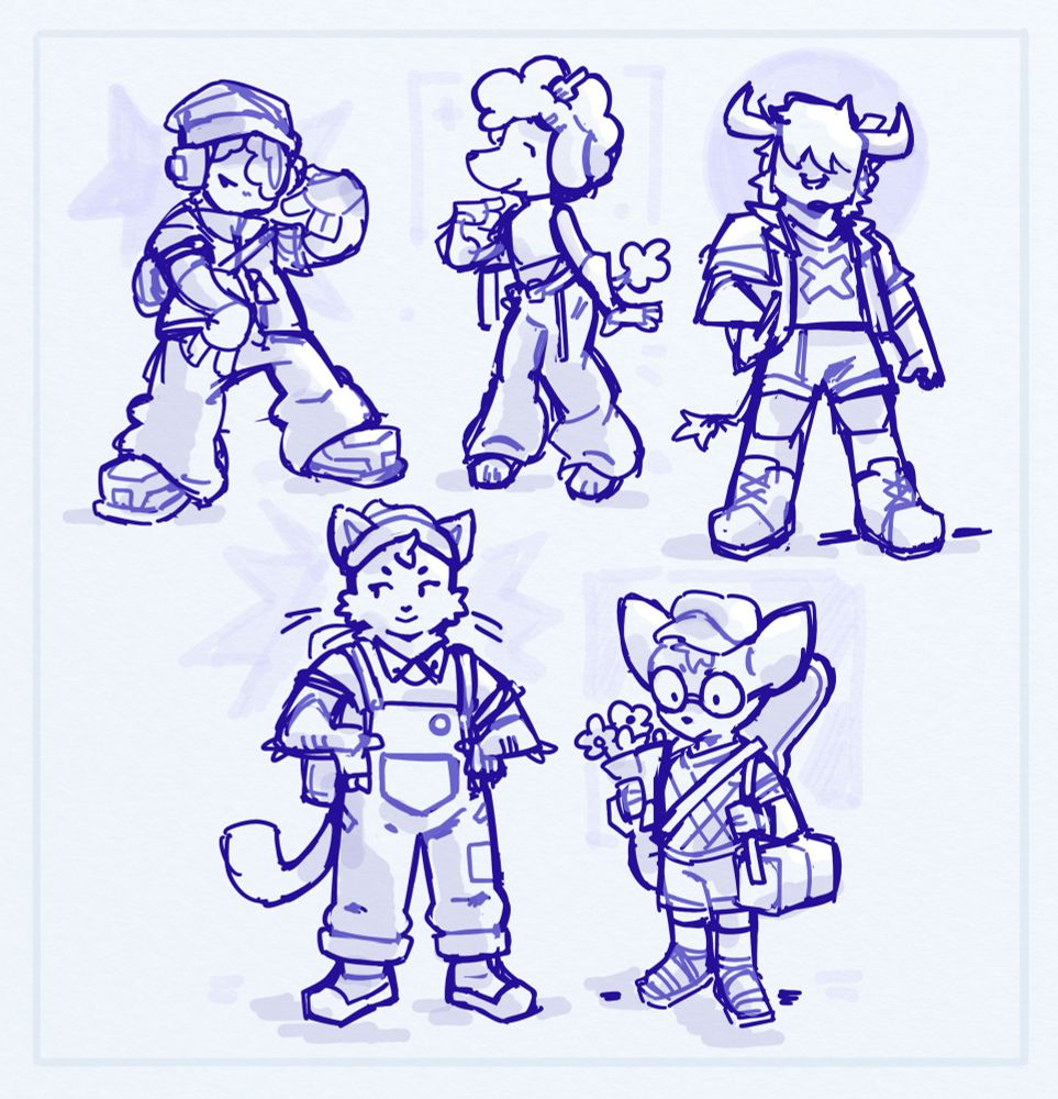 Sketch page of 5 anthro characters wearing different street wear outfits and styles