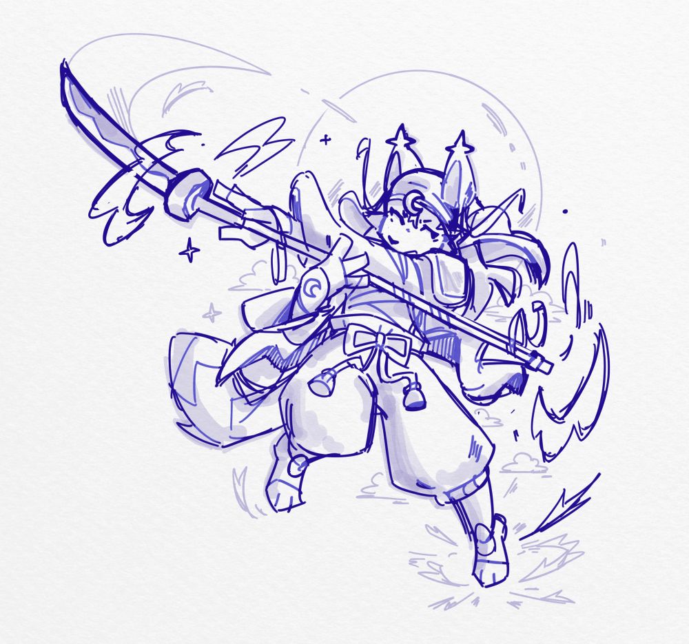 Sketch of a character swinging a naginata
