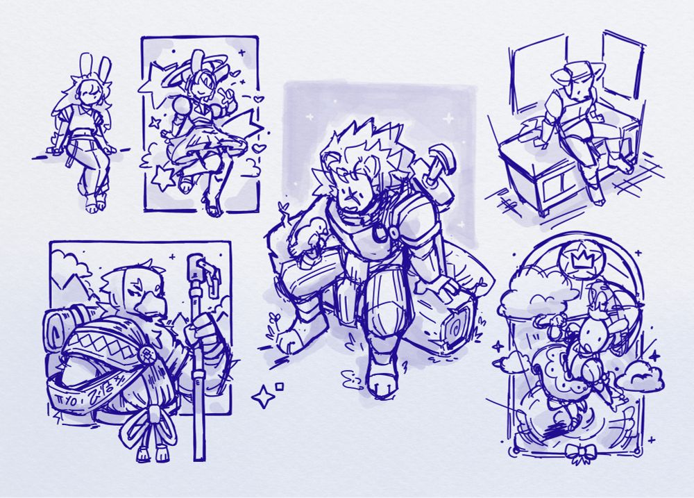 Sketch page with an assortment of characters and poses