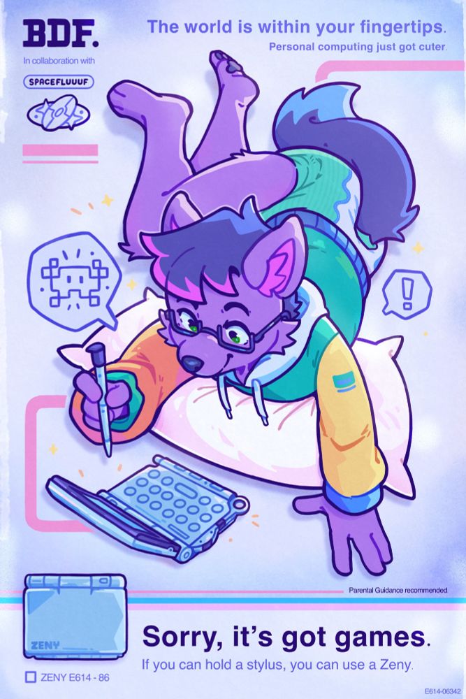 Furry ABDL Commission of a purple fox playing on a PDA, illustrated in the style of a vintage tech poster