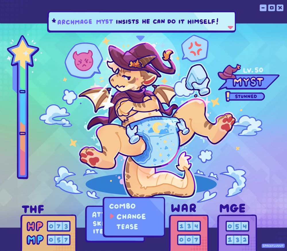 ABDL Commission of a dragon wizard getting their diaper changed by an rpg party in the style of an rpg battle screen
