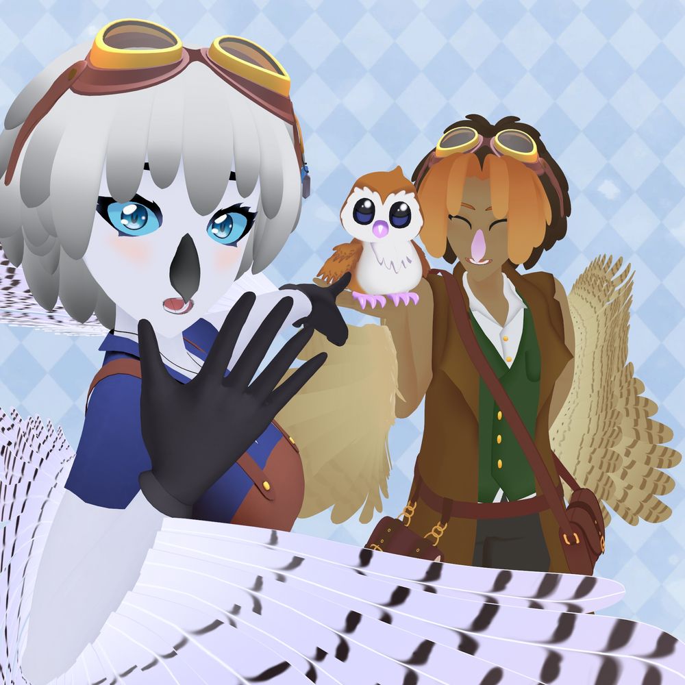 A anthro snowy owl gives a gasp expression and points at a chubby regular owl in the hand of an anthro barn owl who is smiling brightly
