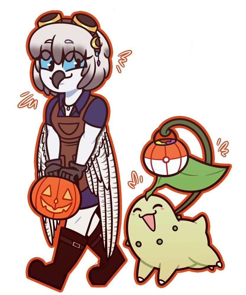 An anthro snowy owl is holding a pumpkin shaped trick-or-treat bucket while walking next to a chikorita excitedly holding up a Pokeball decorated bucket with a vine.