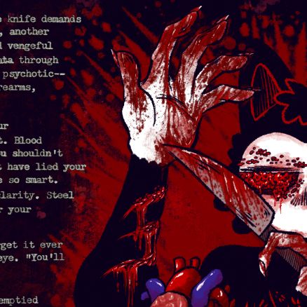 A screenshot containing part of an illustration of what looks like a cat cutting its hand open, with some partial text.