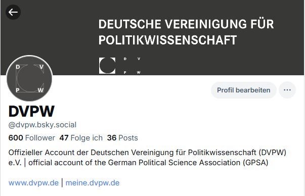 Screenshot des Bluesky-Profils der DVPW @dvpw.bsky.social mit 600 Followern.