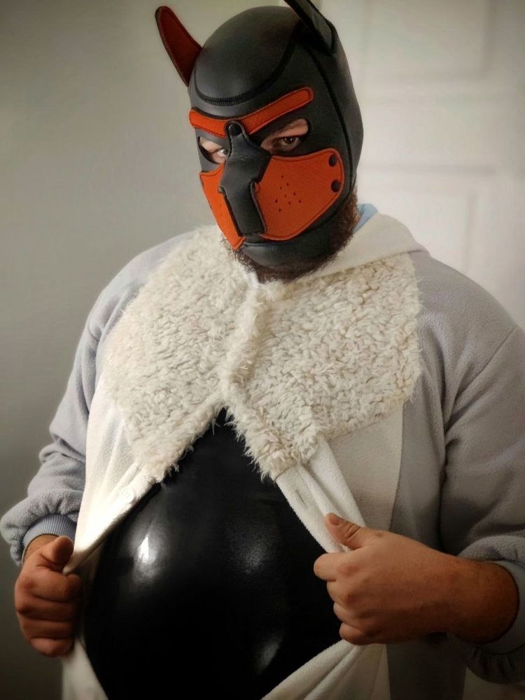 Man wearing pup hood opening a kigurumi exposing a hidden full body latex suit