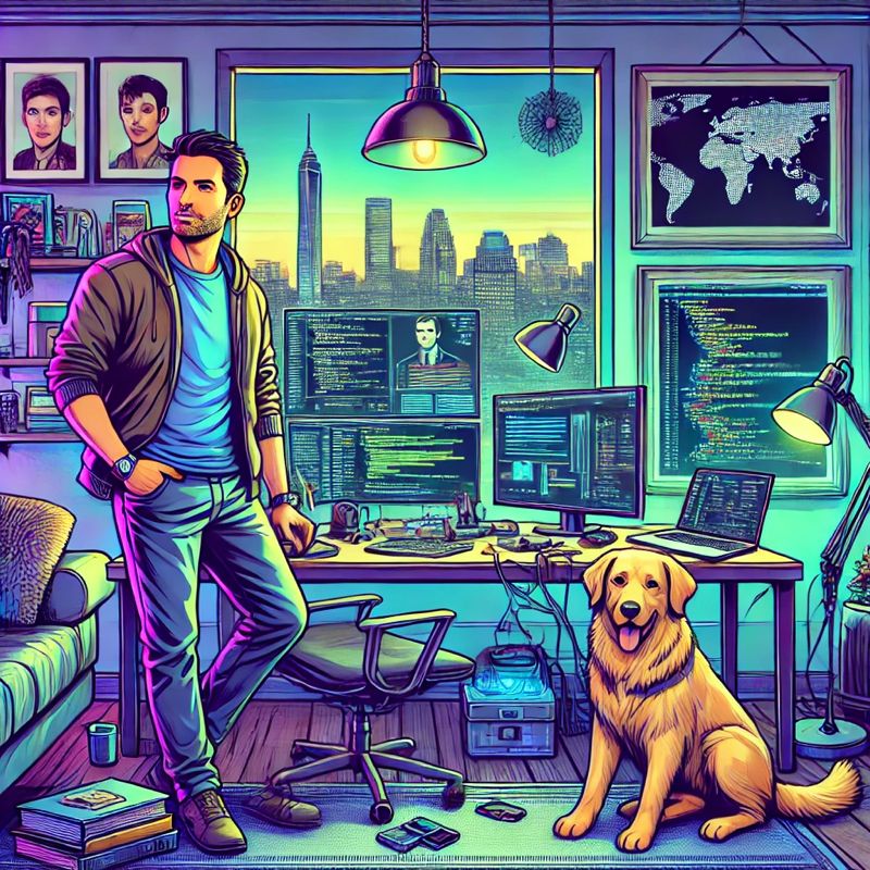 “Illustration of a 44-year-old man’s modern apartment with a view of Washington, D.C. The scene shows a cozy yet tech-focused workspace with dual monitors displaying code and data charts, hinting at his role in analytics engineering. A friendly dog sits nearby, and personal touches like books, travel photos, and framed pictures of two young girls (likely his nieces) are scattered around. The room is bathed in a warm, ambient glow that contrasts with neon cyberpunk colors in blue, purple, and green, blending a high-tech aesthetic with homey warmth.”