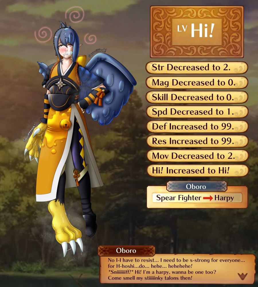 Oboro from Fireemblem turned into a rubbery harpy.