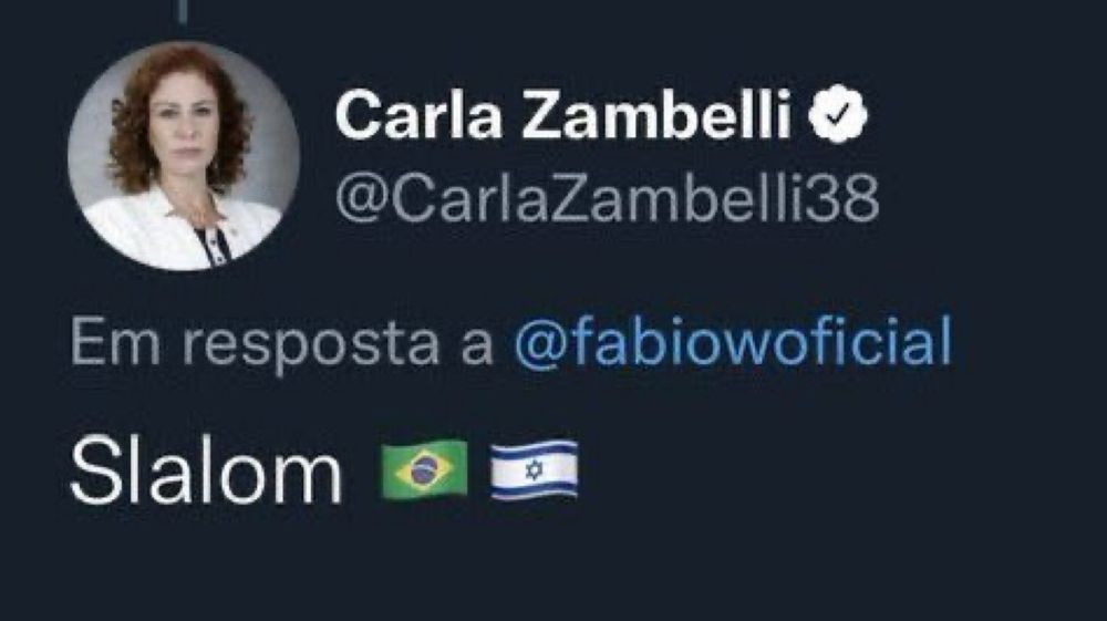 Um print de um tweet da PRESIDIÁRIA Carla Zambelli.

Carla Zambelli seguido de um símbolo de verificado da rede social X.
@CarlaZambelli38

Em resposta a @fabiowoficial

Slalom seguido de emojis da bandeira do Brasil e do ESTADO ILEGÍTIMO E PAÍS FICTÍCIO DE ISRAEL.