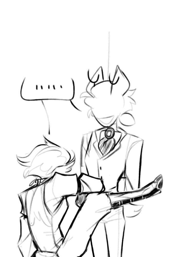 Lucifer and Alastor with Alastor in the corner and Lucifer performing a kabedon with his leg and his arm is resting on his shin. Both are silent but the silence is loud and Alastor is judging. The size different is unmistakable and almost defeats the purpose of this action.