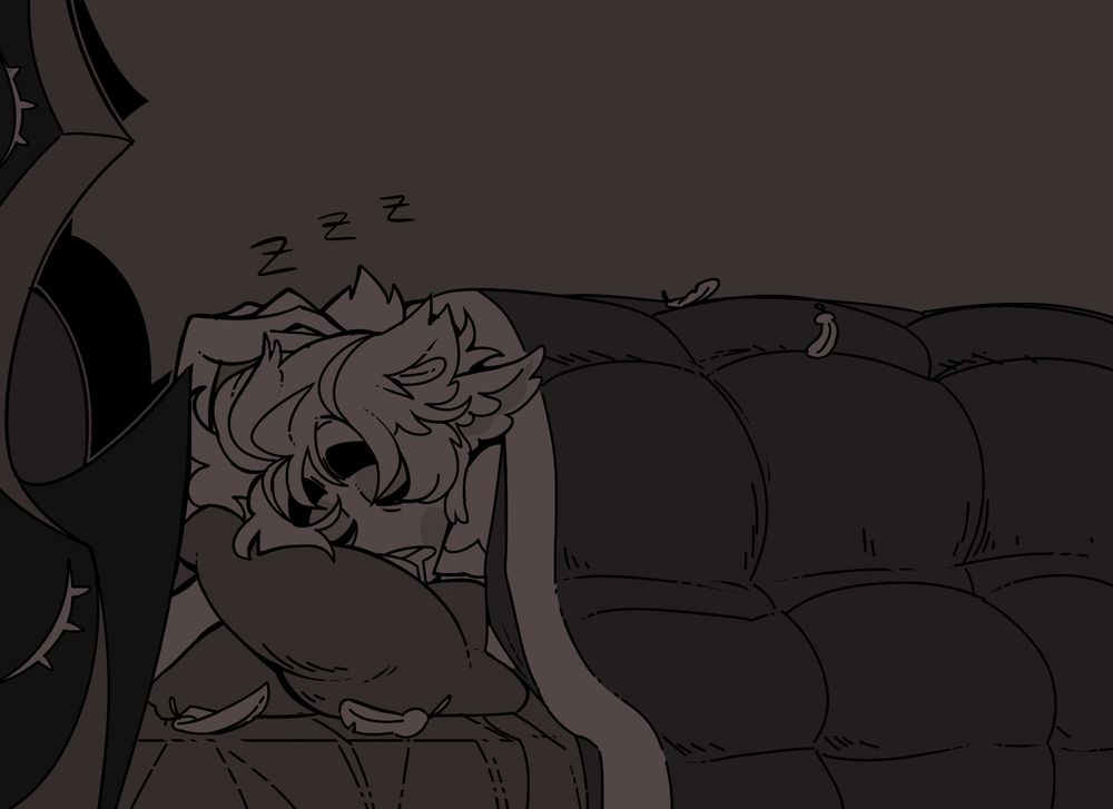 Center image of Michael laying in bed on his stomach in deep sleep, drooling on his pillow with his arm comfortably snuggled under and over it. Small down feathers are peppered around n his sheets and comforter. 