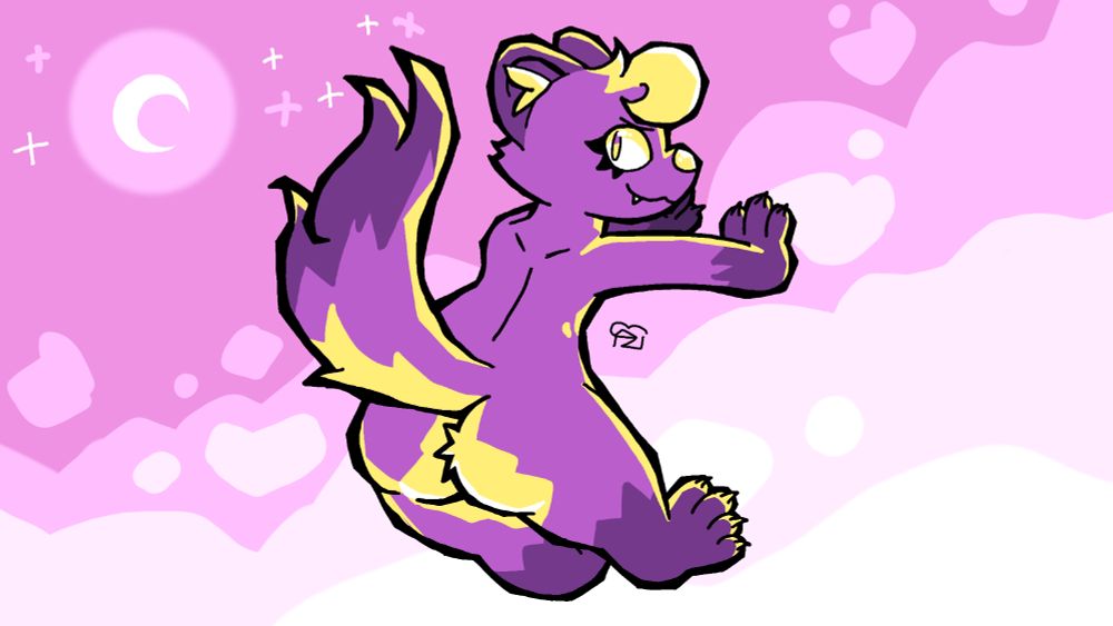 Drawing of a purple-and-yellow pine marten furry up in the clouds with a mildly-devious expression. They have no clothes on, and their butt cheeks are fully visible. 