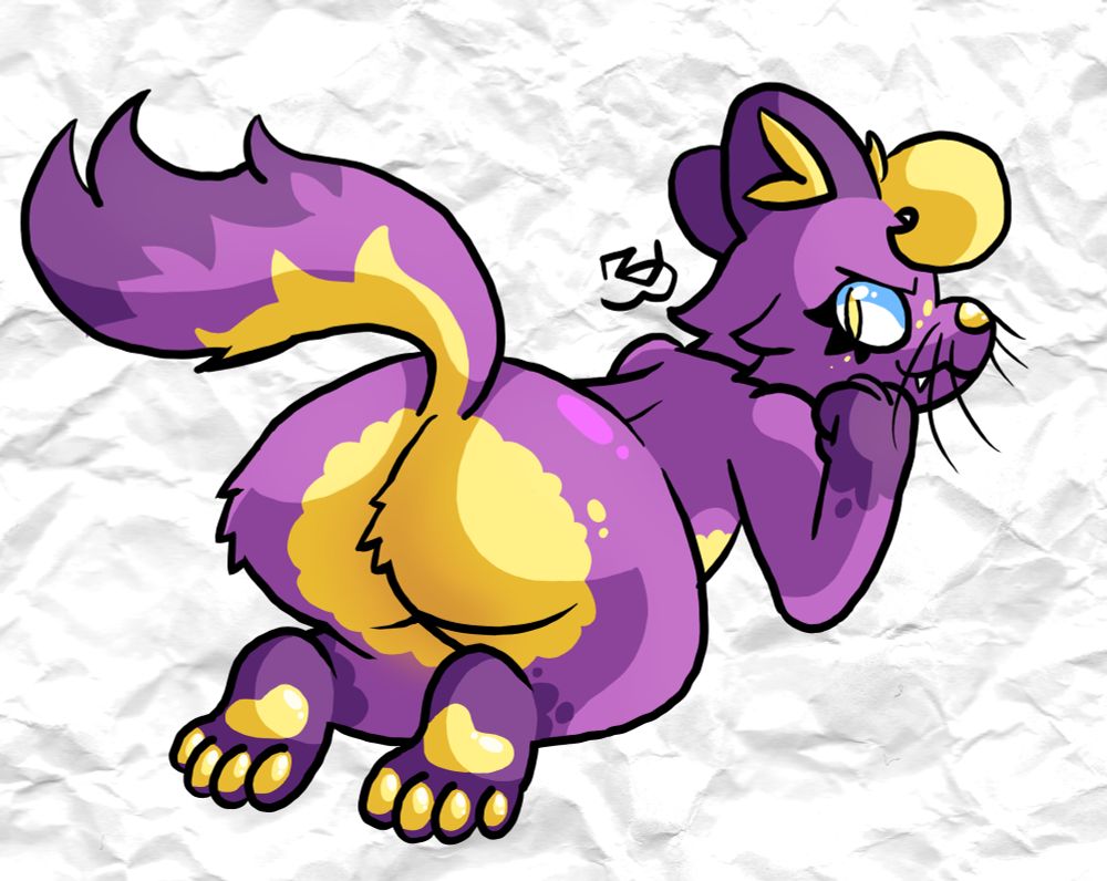 Cartoon drawing of a purple-and-yellow pine marten furry on their knees, showing off their large butt cheeks to the viewer. They have a rude expression on their face, with their chin resting on their clenched fist. 

Since the drawing was a transparent png, it was mounted on a "crumpled paper" texture. 