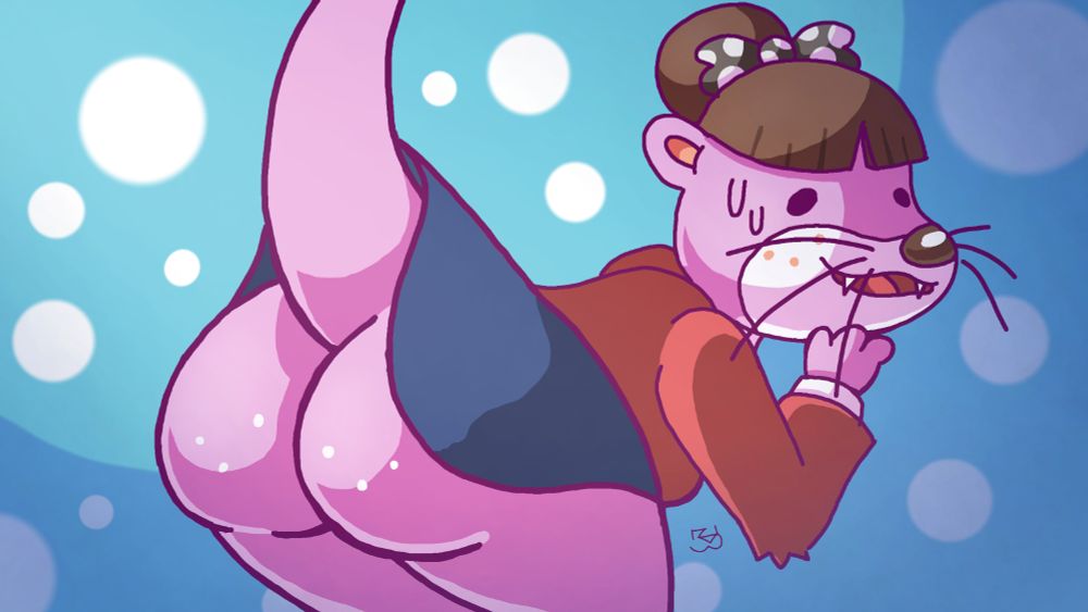 Cartoon drawing of Lottie from Animal Crossing bent over, with her freckled butt visible under her insufficiently long skirt. She  has a nervous, dorky look. Her eyes are drawn in the style she takes in-game when she isn't wearing makeup.