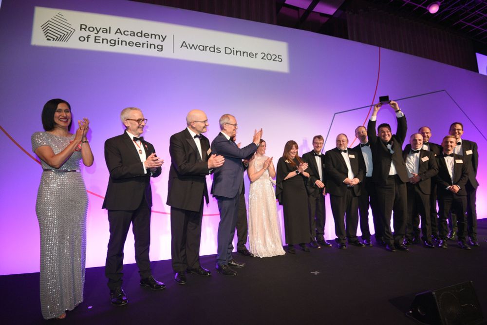 2025 MacRobert award winners, OrganOx, alongside Academy CEO, Hayaatun Sillem, Academy President, Sir John Lazar, and presenter of the award, Lord Patrick Vallance.