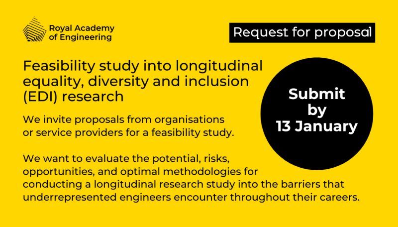 Image with a yellow background and black writing, calling for a proposal Feasibility study into longitudinal equality, diversity and inclusion (EDI) research. "We invite proposals from organisations or service providers for a feasibility study. We want to evaluate the potential, risks, opportunities, and optimal methodologies for conducting a longitudinal research study into the barriers that underrepresented engineers encounter throughout their careers." The deadline is 13 January 2025.