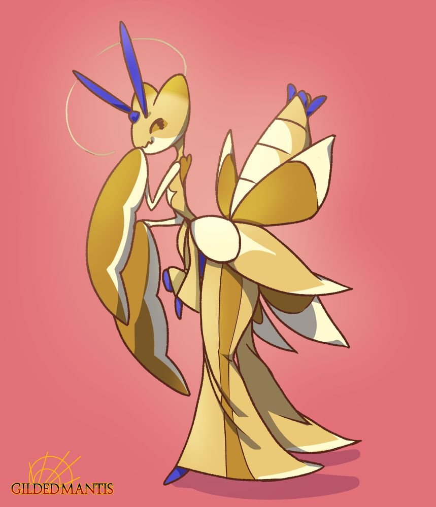 Gilt, a golden anthro mantid drawn as the Pokemon Lurantis 