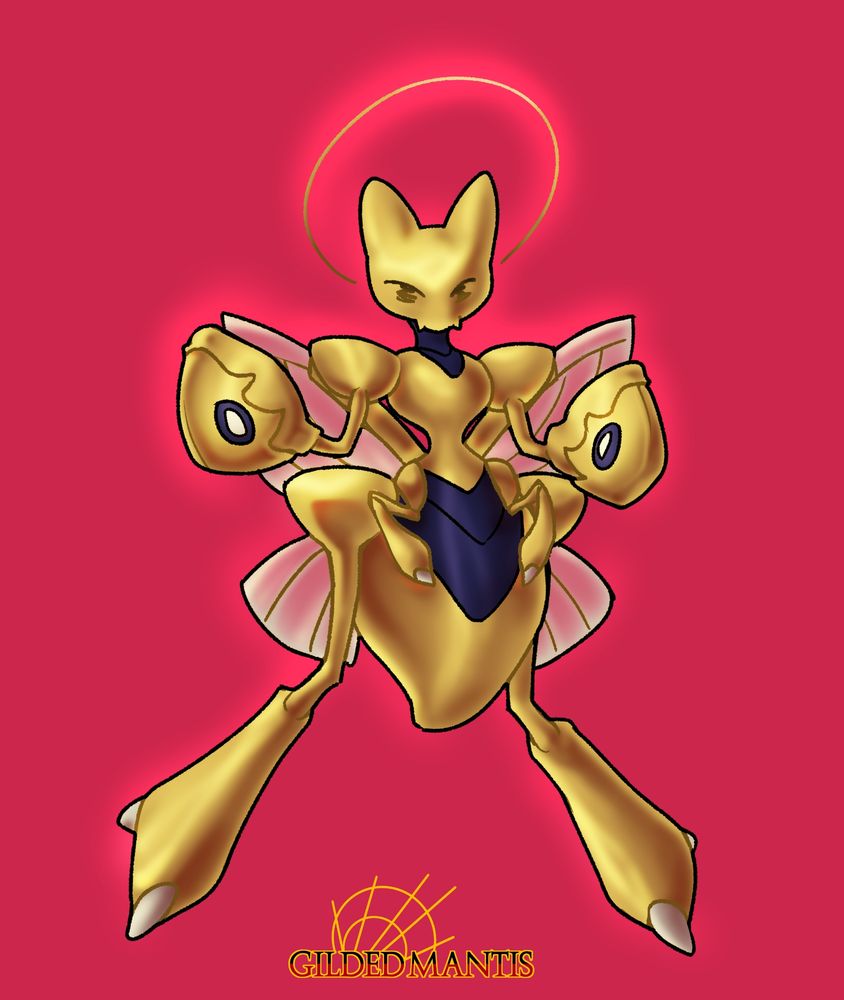 Gilt, a golden anthro mantid drawn as the Pokemon Scizor