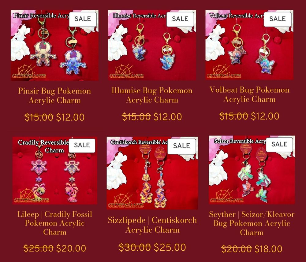 Reversible charms of Pinsir, Illumise, Volbeat, Lileep and Cradily, Sizzlipede and Centiscorch, and Scyther and Scizor (/Kleavor). The back sides are shiny and the sale prices are displayed