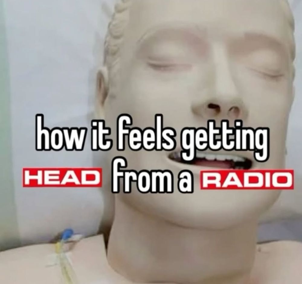 A resuscitation dummy with text overlaid that reads, "how it feels getting head from a radio"