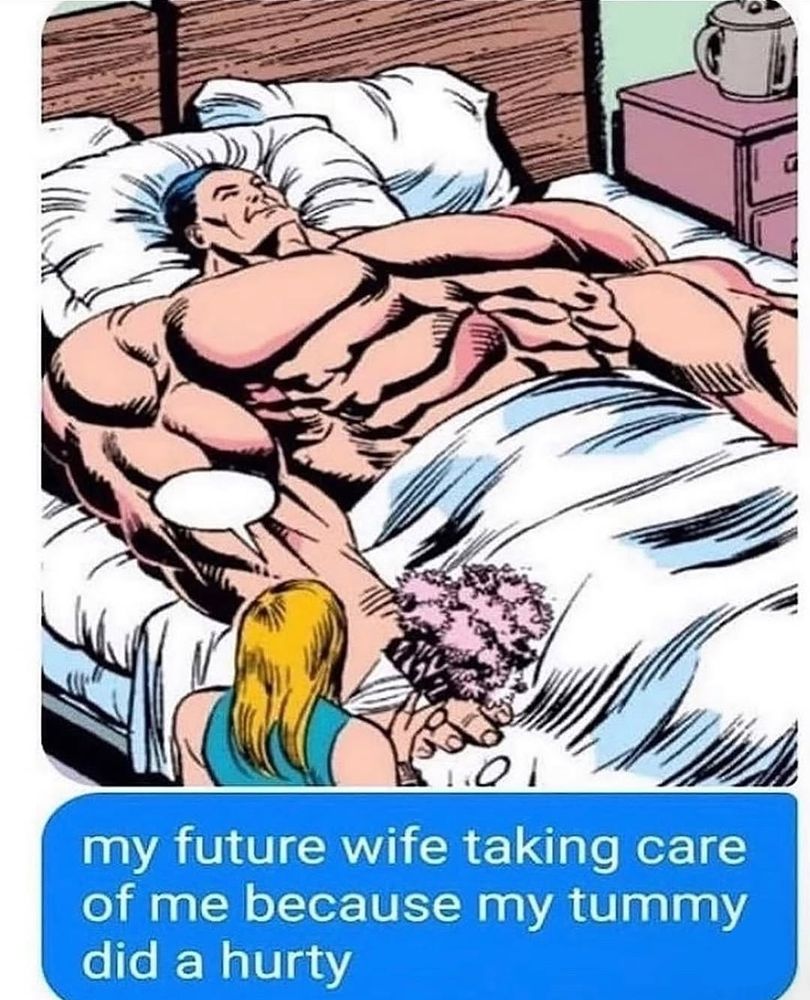 A comic panel of a large muscular shirtless man laying in a bed being tended to by a blonde woman with flowers with a screenshot of a text saying, 